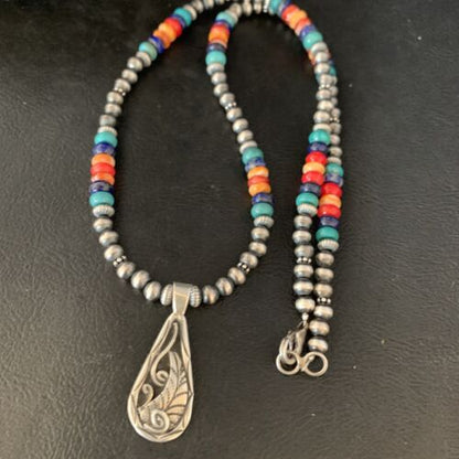 Navajo Multi-Color Turquoise Mother of Pearl Necklace Inlay Pendant | Sterling Silver | 13886