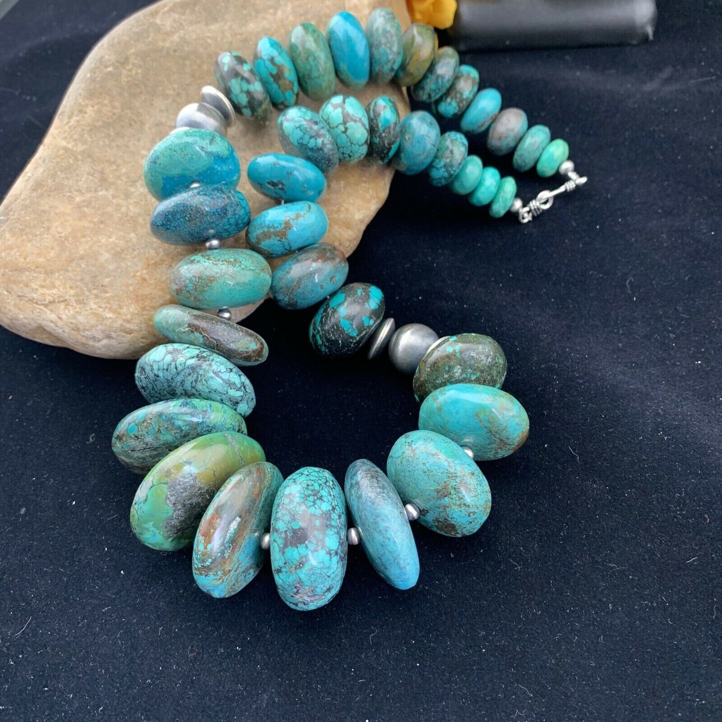 Men's Pearl Grad Sterling Silver Natural Blue Turquoise Necklace | Navajo Handmade | Authentic Native American | 24"| 01746