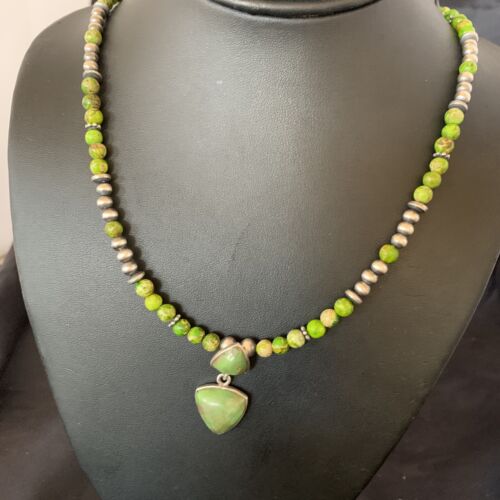 Navajo Green Gaspeite Turquoise Pendant | Sterling Silver | Authentic Native American Handmade | 12360