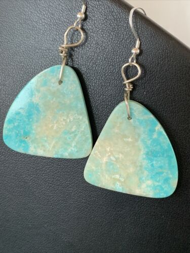 Southwestern Navajo Slab Turquoise Dangle Earrings | Sterling Silver | Authentic Native American Handmade | 1320