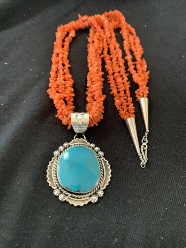 Navajo Sterling Silver Coral Bead Necklace | Turquoise Pendant | Multi-Strand 21" | 00766