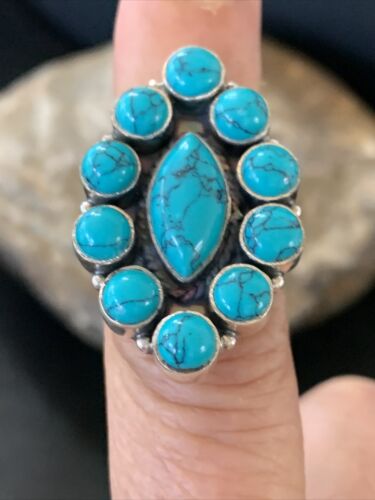 Navajo Blue Turquoise Cluster Ring | Authentic Native American Sterling Silver | Multi-Stone | Sz 8 | 12306