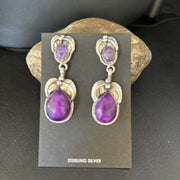 Navajo Purple Sugilite Dangle Earrings | Sterling Silver | 2" | Authentic Native American Handmade | 14403