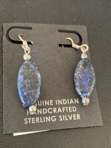 Navajo Blue Lapis Lazuli Bead Dangle Drop Earrings | Sterling Silver | Authentic Native American Handmade | 13062