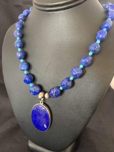 Navajo Blue Lapis Turquoise Pendant Necklace | Sterling Silver | 20" | Authentic Native American Handmade | 10269