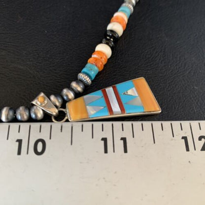 Navajo Multi-Color Turquoise Onyx Inlay Pendant Necklace | Sterling Silver | Authentic Native American Handmade | 13806