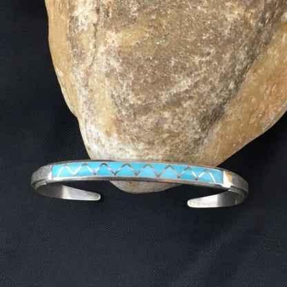 Native American Zuni Blue Faux Opal Inlay Cuff Bracelet | Sterling Silver | 10189
