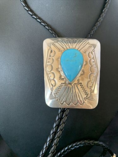 Men's Bolo Tie | Navajo Blue Kingman Turquoise | Sterling Silver | Authentic Native American Handmade | 12146