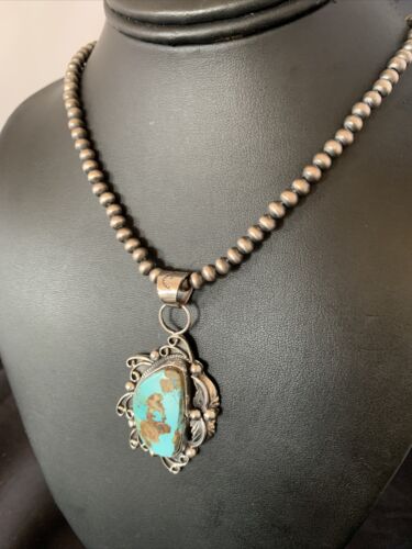 Men's Navajo Blue Dry Creek Turquoise Pendant | Sterling Silver | Pearl Necklace | Native American | 12973