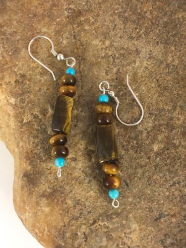 Navajo Turquoise & Tiger's Eye Earrings | Sterling Silver | Authentic Native American Handmade | 8863