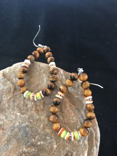 Navajo Sterling Silver Tigers Eye Spiny Oyster Turquoise Earrings | Southwestern Dangle | Handcrafted Native American - Masha USA