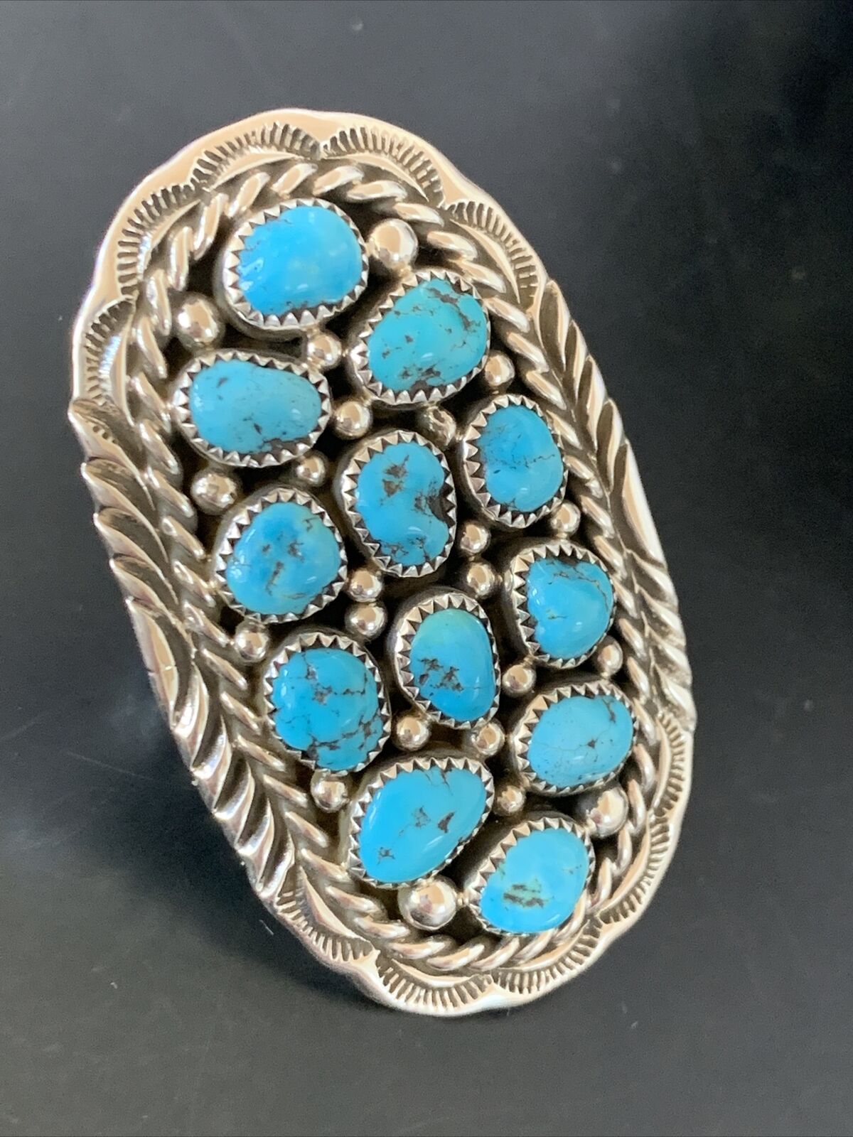 Navajo Blue Kingman Turquoise Cluster Ring | Authentic Native American Sterling Silver | Multi-Stone | Sz 6.5 | 11511