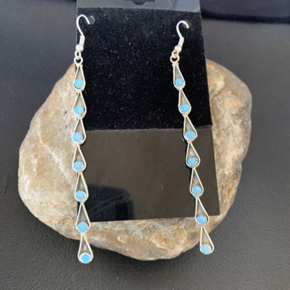 Navajo Green Turquoise Dangle Earrings | Sterling Silver | 3" Long | Authentic Native American Handmade | 12120