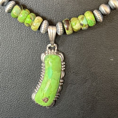 Navajo Green Turquoise Pendant Necklace | Sterling Silver | 22" | Authentic Native American Handmade | 14614 - Masha USA