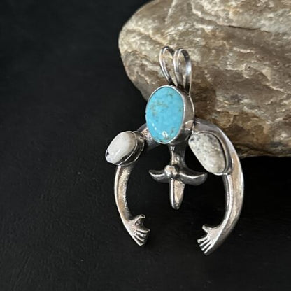 Navajo Blue Kingman Turquoise White Buffalo Naja Pendant | Sterling Silver | Authentic Native American Handmade | 14669 - Masha USA