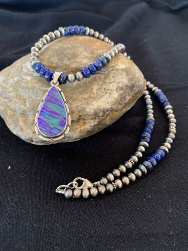 Southwestern Navajo Purple Opal Lapis Pendant Necklace | Sterling Silver | Authentic Native American Handmade | 00592
