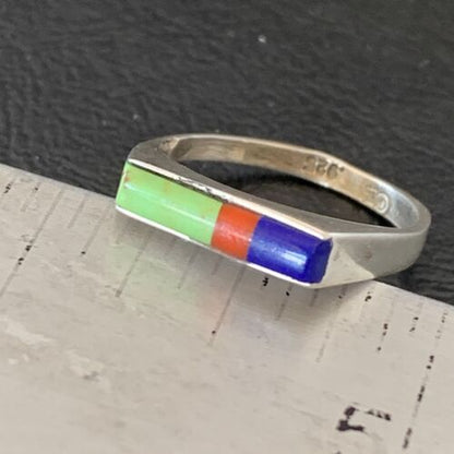 Native American Navajo Green Gaspiete Lapis Red Coral Inlay Ring | Sz 7 | 11139 - Masha USA