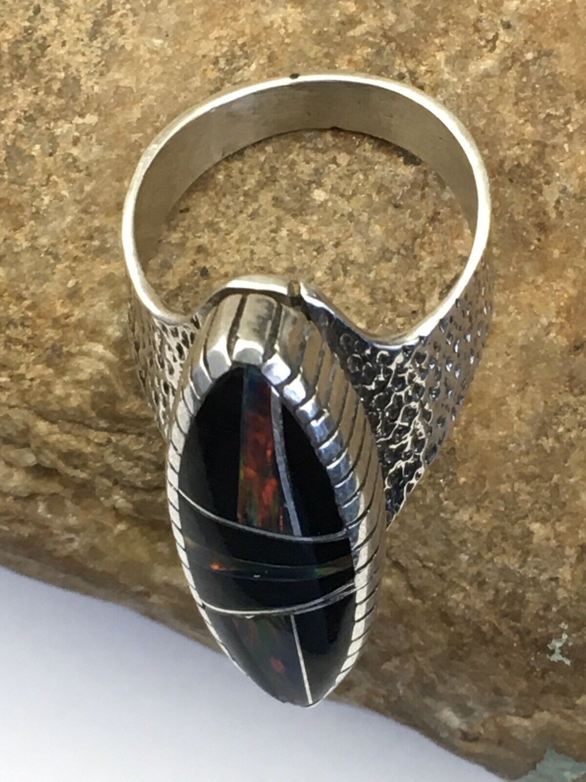 Navajo Multi-Color Opal & Turquoise Inlay Ring | Sterling Silver | Sz 8 | Authentic Native American Handmade | 01613