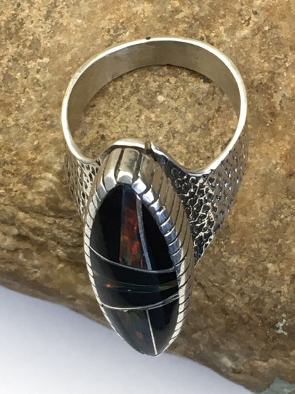 Navajo Multi-Color Opal & Turquoise Inlay Ring | Sterling Silver | Sz 8 | Authentic Native American Handmade | 01613