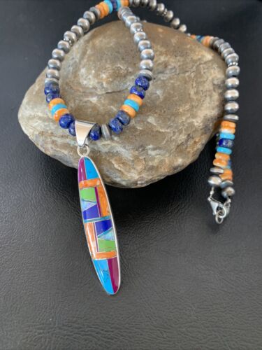 Navajo Sterling Silver Turquoise & Spiny Oyster Inlay Multicolor Necklace Pendant | Authentic Native American Handmade | 11638