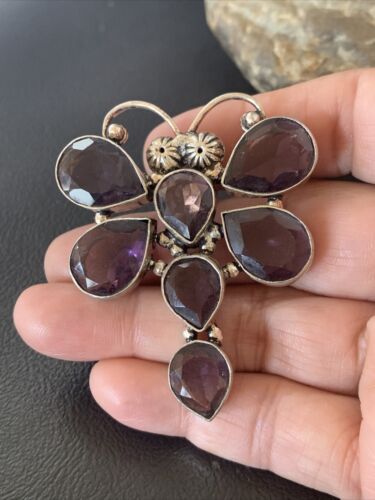 Navajo Dragonfly Pendant | Faceted Amethyst Gems Cluster | Authentic Native American Sterling Silver | Multi-Stone | 2.2" | 12738