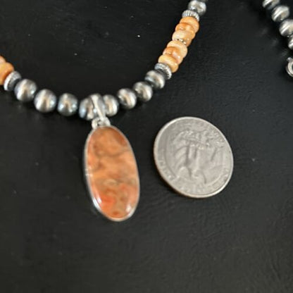 Navajo Orange Spiny Oyster Pendant Necklace | Sterling Silver Naja | Authentic Native American Handmade | 14301