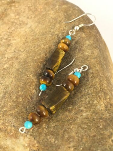 Navajo Turquoise & Tiger's Eye Earrings | Sterling Silver | Authentic Native American Handmade | 8863