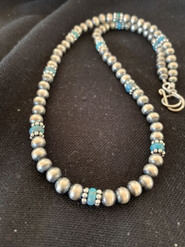 Authentic Native American Navajo Pearls Blue Turquoise Necklace | Sterling Silver Beads | Single Strand | 19" | 227