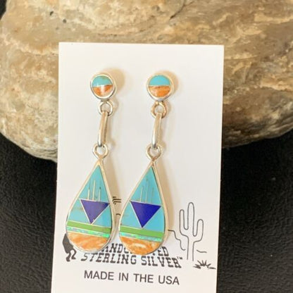 Navajo Multi-Color Turquoise Spiny Opal Inlay Earrings | Sterling Silver | 1.5" | 12010