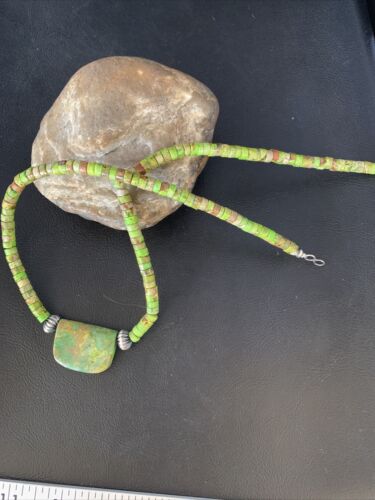 Navajo Green Gaspeite Turquoise Pendant | Sterling Silver | Authentic Native American Handmade | 13917