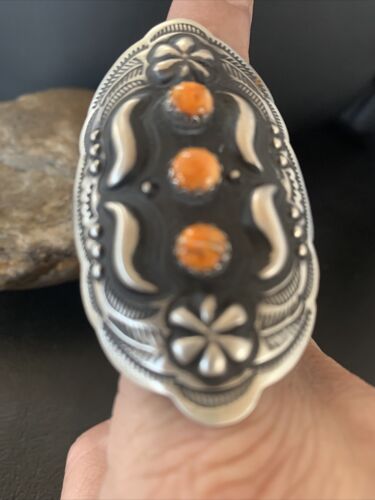 Navajo Orange Spiny Oyster Multi-Stone Ring | Authentic Native American Sterling Silver | Sz 10 Adj | 11658