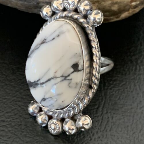 Navajo White Buffalo Turquoise Ring | Sterling Silver | Sz 8 | Authentic Native American Handmade | 13346
