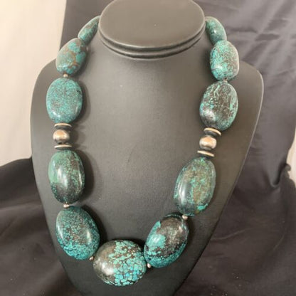 Chunky Navajo Pearl Graduated Turquoise Necklace | Sterling Silver | Authentic Native American Jewelry | 21" | 11904