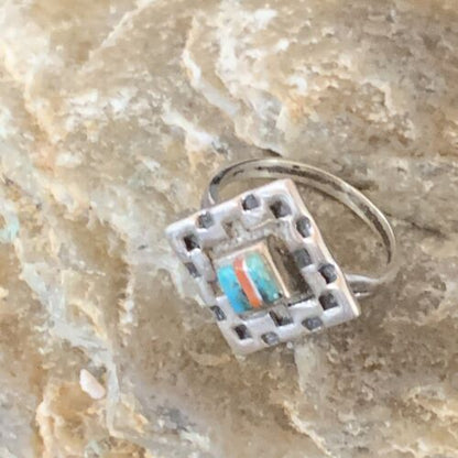 Southwestern Women's Navajo Blue Turquoise Spiny Oyster Inlay Ring | Sz 6 | 13168