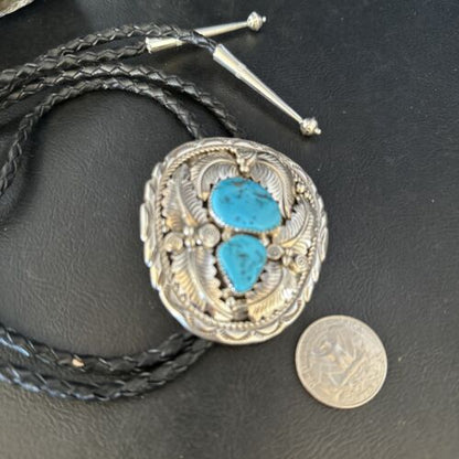 Native American Men's Bolo Tie | Blue Kingman Turquoise | Sterling Silver | Navajo Handmade | 14279
