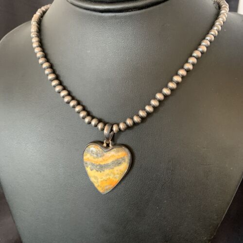 Navajo Heart Yellow Bumblebee Jasper Pendant | Sterling Silver Necklace | Authentic Native American Handmade | 12813