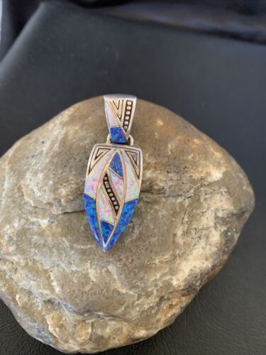 Authentic Native American Navajo Sterling Silver Pendant | Pink & Blue Opal Inlay | Handmade Jewelry | 12479