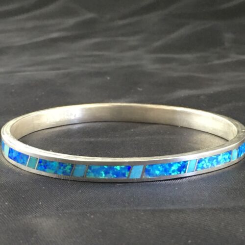 Navajo Blue Opal Inlay Bracelet | Sterling Silver | 8"  Bangle | Authentic Native American Handmade | 10195