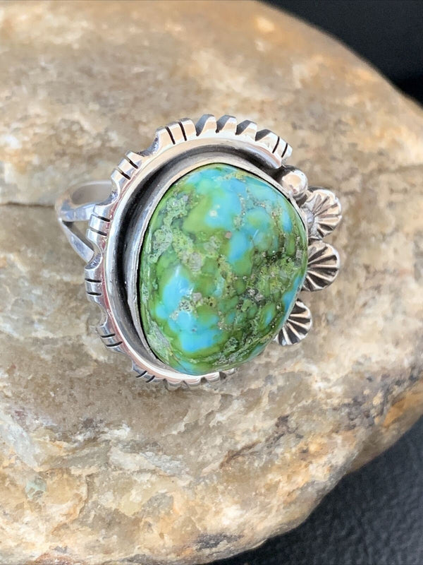 Women's Native American Navajo Sterling Silver Green Sonoran Turquoise Ring | Sz 9.5 | 10422