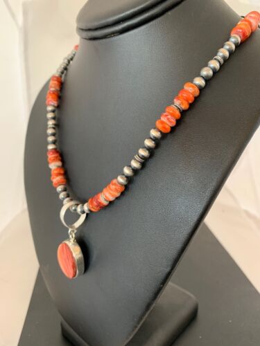 Navajo Red Spiny Oyster Pendant Necklace | Sterling Silver | Authentic Native American Handmade | 8820