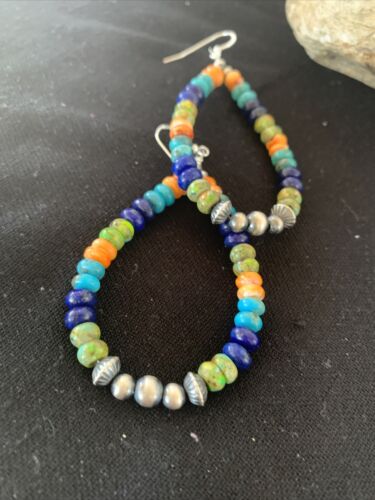 Navajo Sterling Silver Bead Earrings | Spiny, Turquoise & Lapis Dangle | Authentic Native American Handmade | 1413