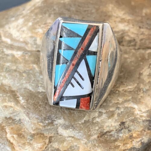 XL Zuni Mens Spiny Blue Turquoise Sterling Silver Ring Inlay Sz 15 12427