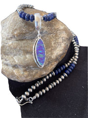 Navajo Purple Opal Pendant Lapis Necklace | Sterling Silver | Authentic Native American Handmade | 1305