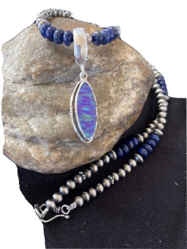 Native Navajo Sterling Silver Purple Opal Pendant Lapis Necklace 1305