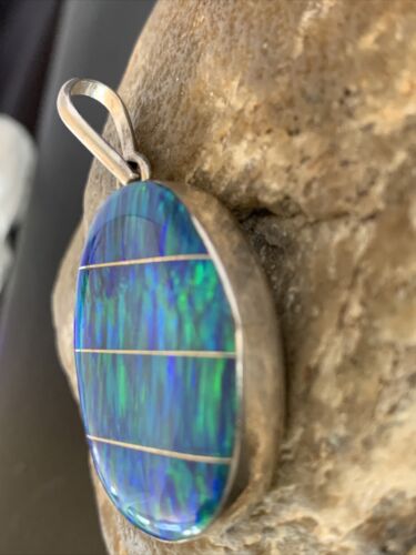 Authentic Native American Navajo Sterling Silver Blue Opal Inlay Pendant | Handmade Jewelry | 13140
