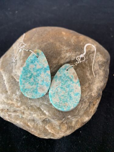 Navajo Slab Turquoise Dangle Earrings | Sterling Silver | Authentic Native American Handmade | 1356