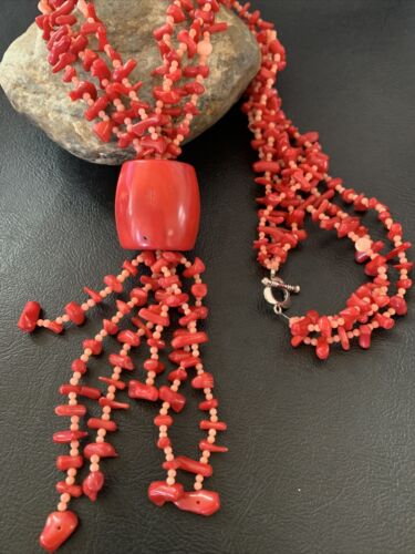 Navajo Red Pink Coral Pendant Necklace | Stainless Steel | 30" | Authentic Native American Handmade | 11711