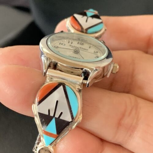 Authentic Native American Zuni Sterling Silver Watch Tips | Onyx, Coral, Turquoise Inlay | Women's | 11577