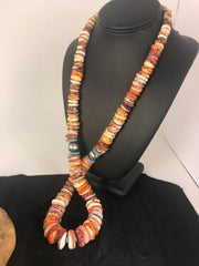 Handmade Turquoise & Spiny Oyster Necklace | Navajo Sterling Silver | Authentic Native American | 32"