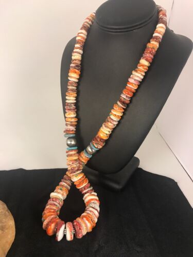 Handmade Turquoise & Spiny Oyster Necklace | Navajo Sterling Silver | Authentic Native American | 32"